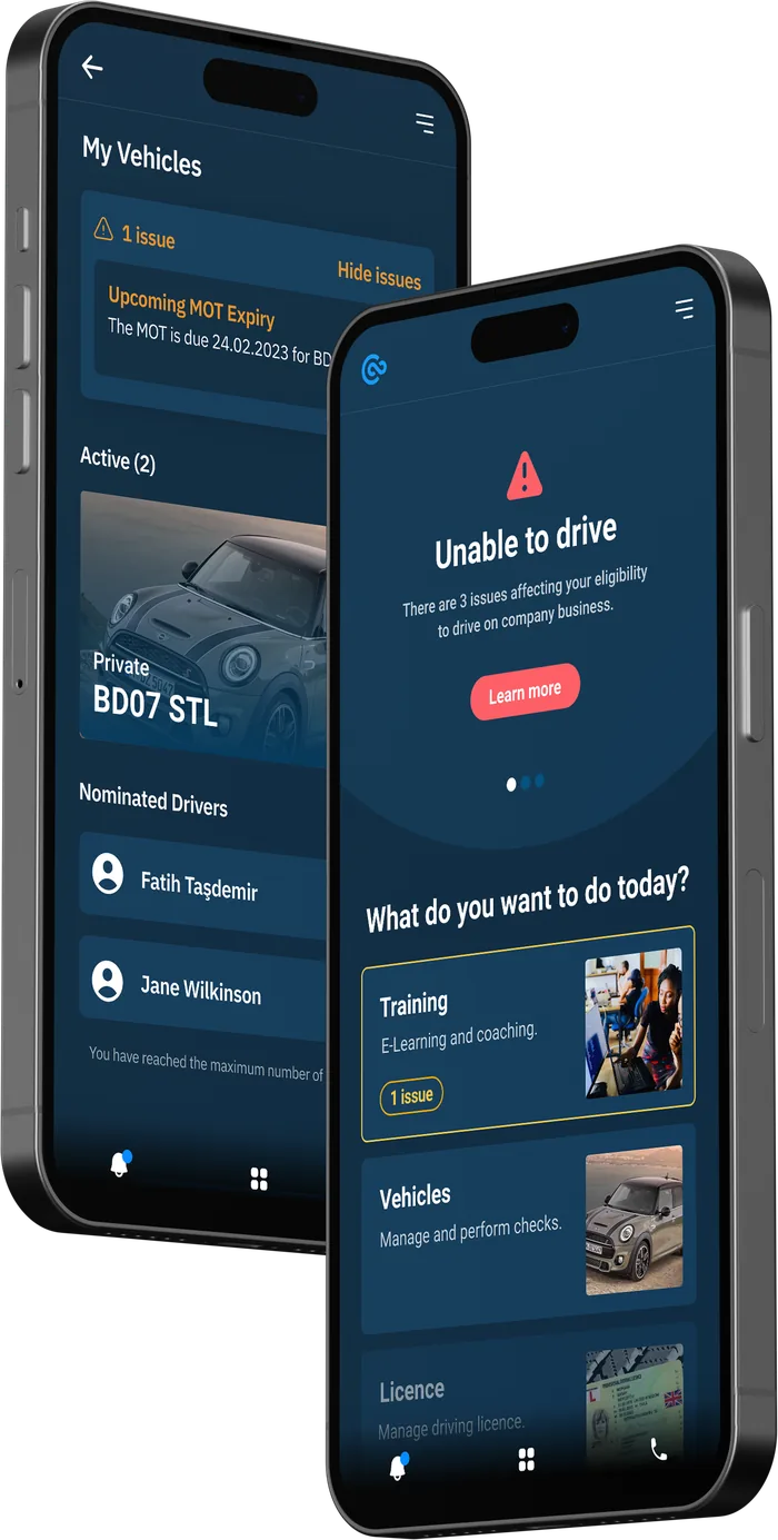 The Combiine Driver App showing a driver's vehicles and an 'unable to drive' alert