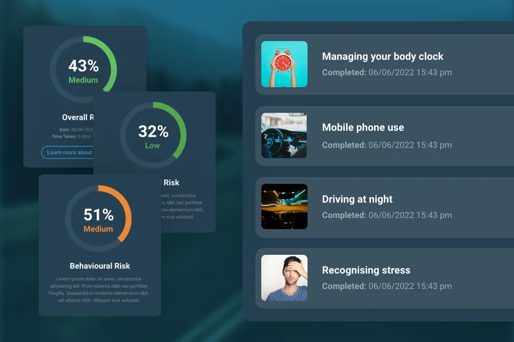 Driver risk scores for overall, behavioural and other risk, with completed training modules