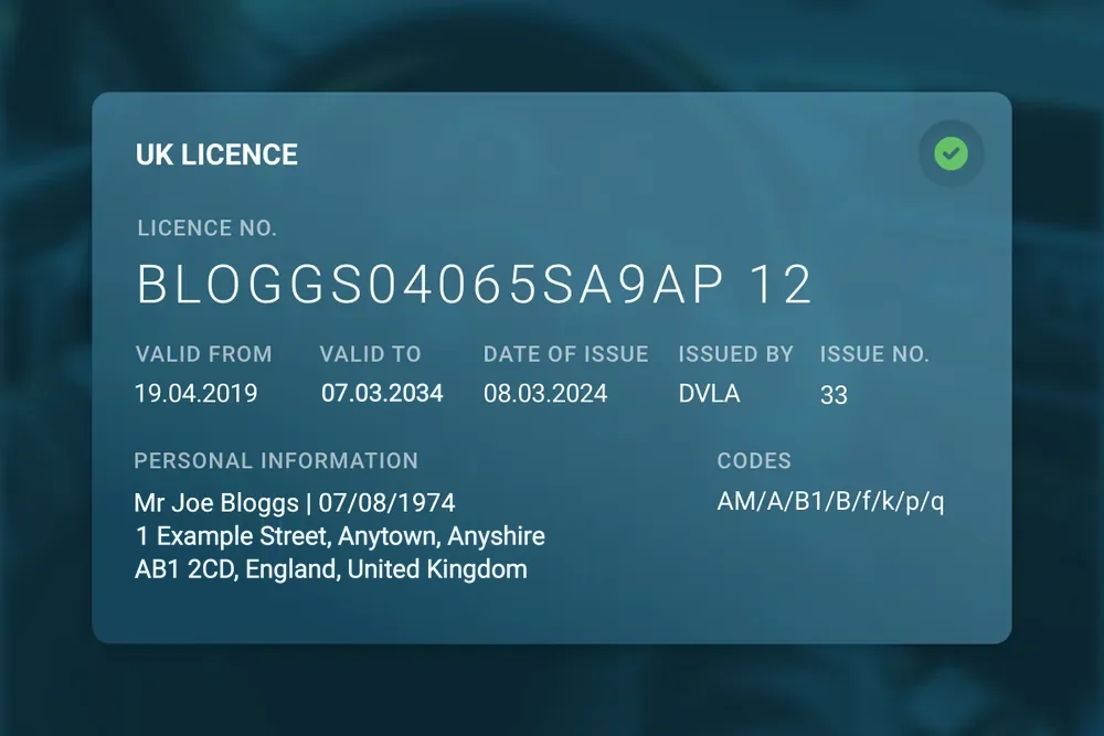 A UK driving licence record returned by a DVLA check, showing validity dates and entitlement codes