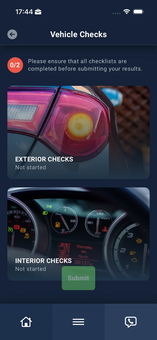 Choosing exterior or interior checks in the Driver App