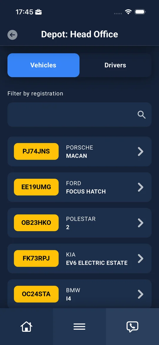 A depot's vehicles with registration, make and model