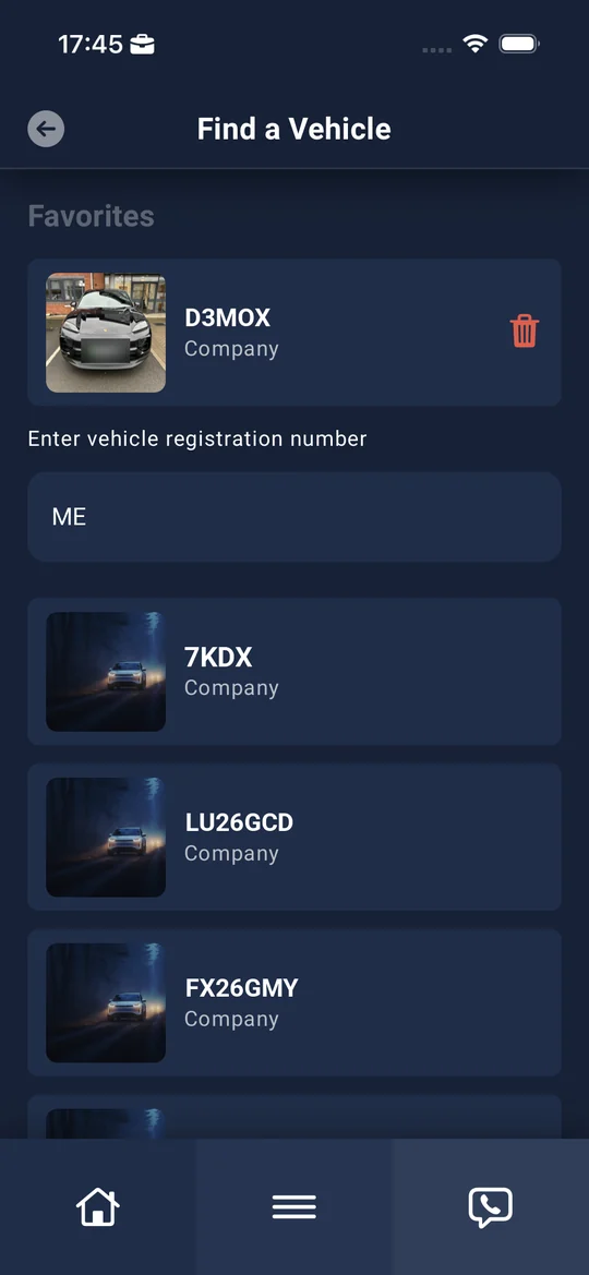 Finding a vehicle by registration, with favourites
