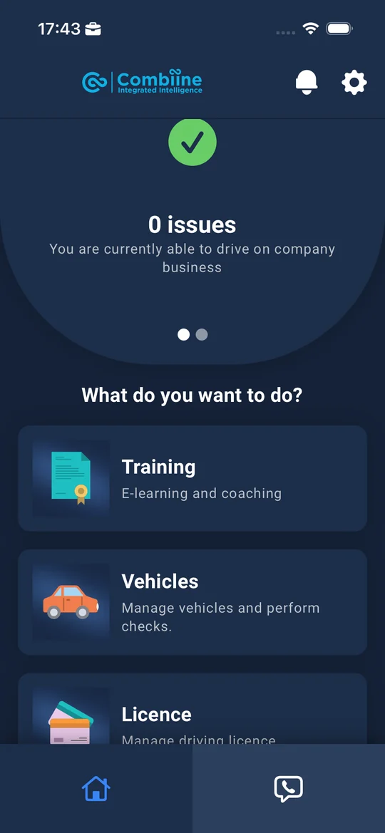 The app home screen showing 0 issues and able to drive