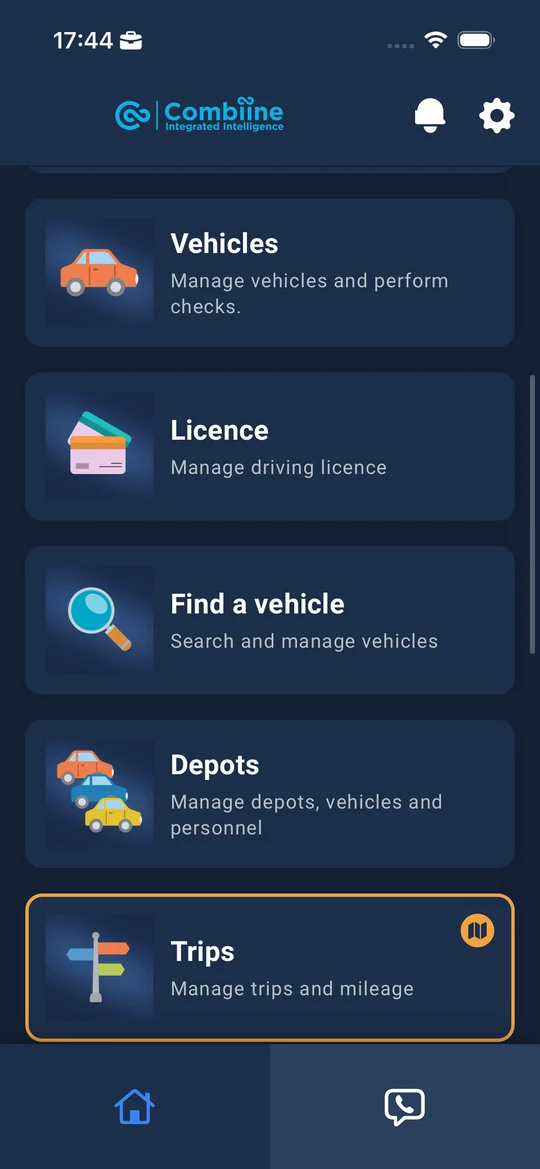 The app menu with Vehicles, Licence, Find a vehicle, Depots and Trips