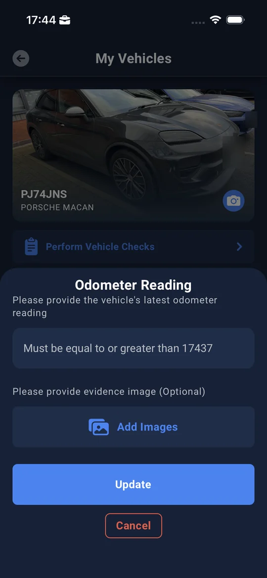 Entering an odometer reading with optional photo evidence