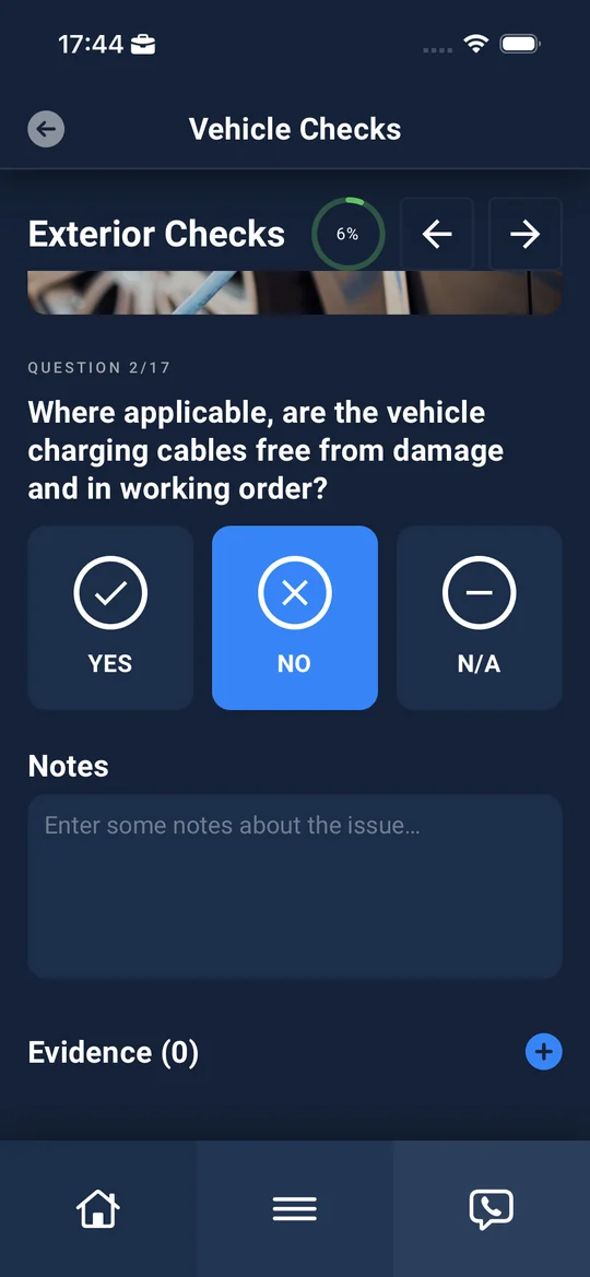 A failed check item with notes and evidence