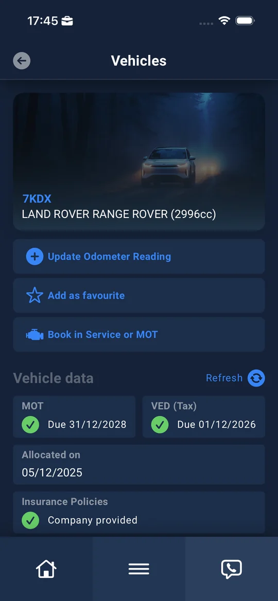 Vehicle data showing MOT, VED and insurance status