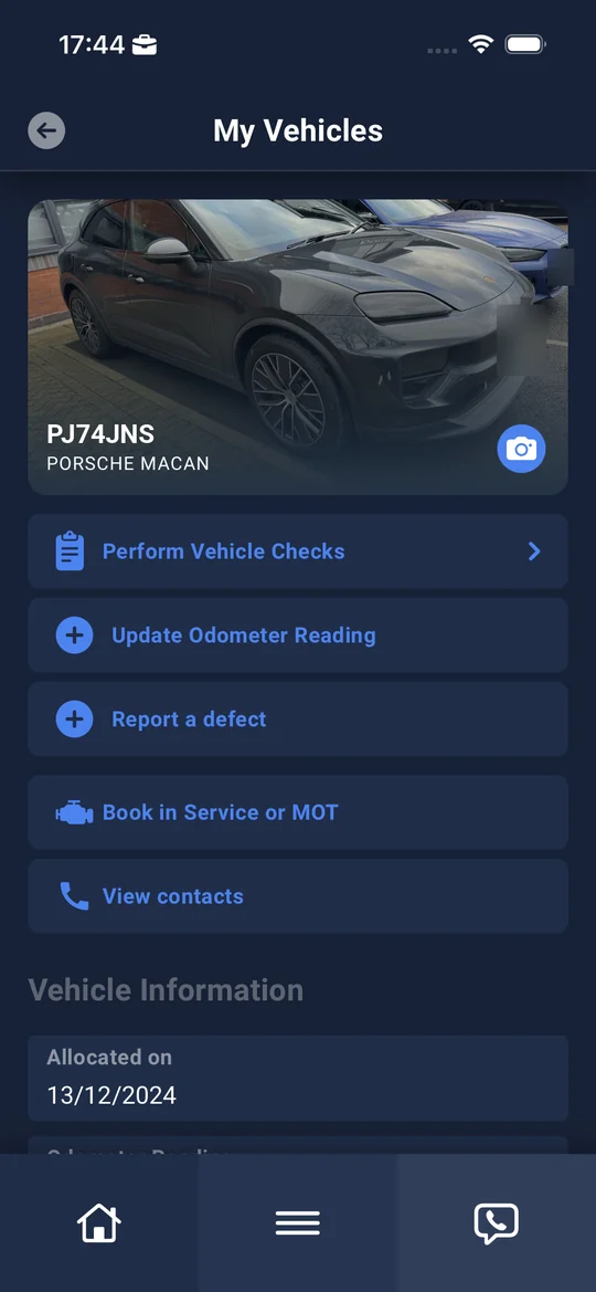 A driver's vehicle with quick actions for checks, odometer, defects and bookings