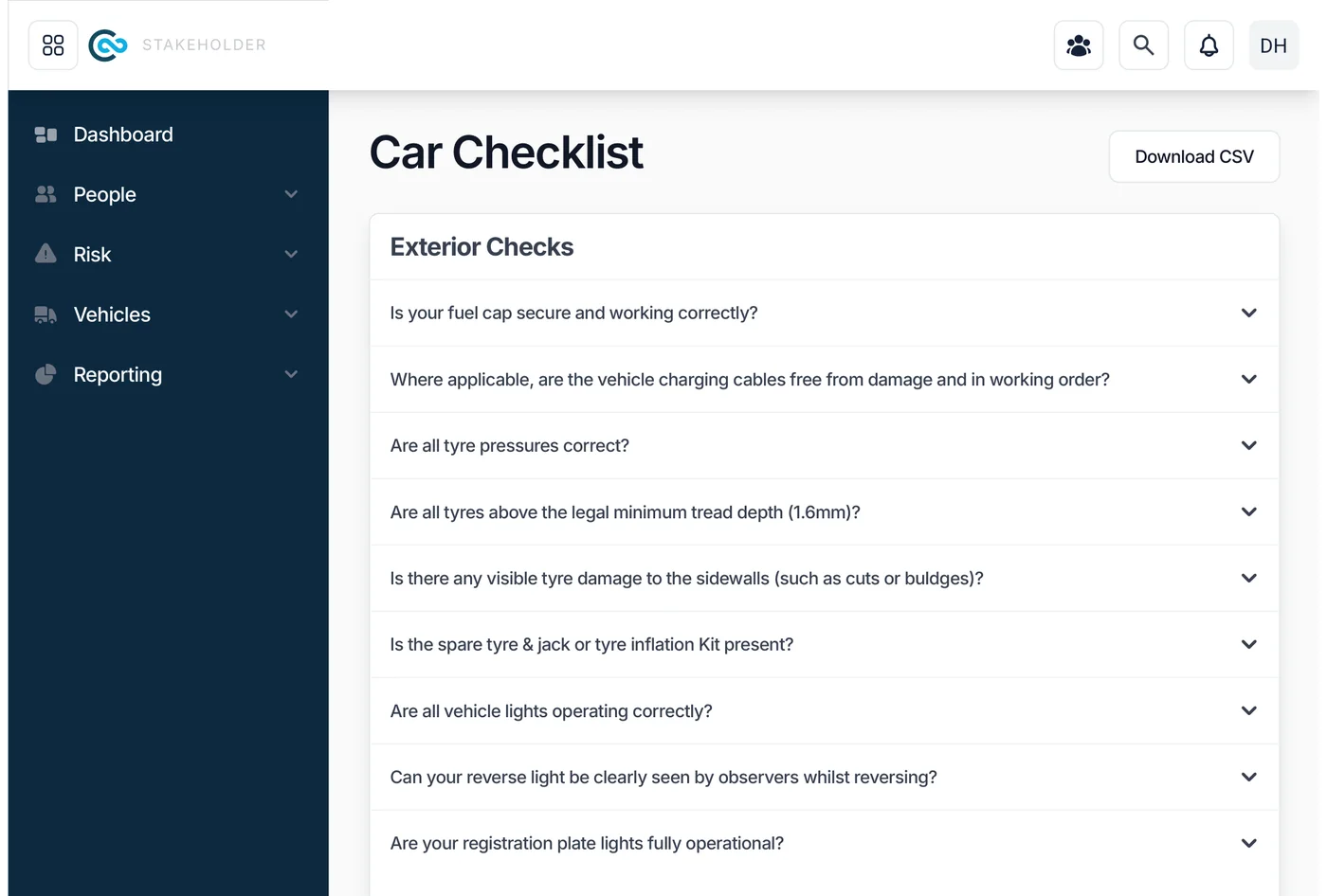 A car checklist listing exterior check questions, with a Download CSV button