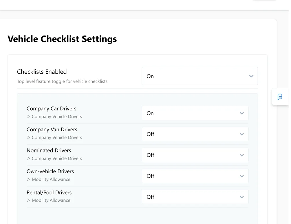 Vehicle checklist settings, switching checks on or off for each driver group