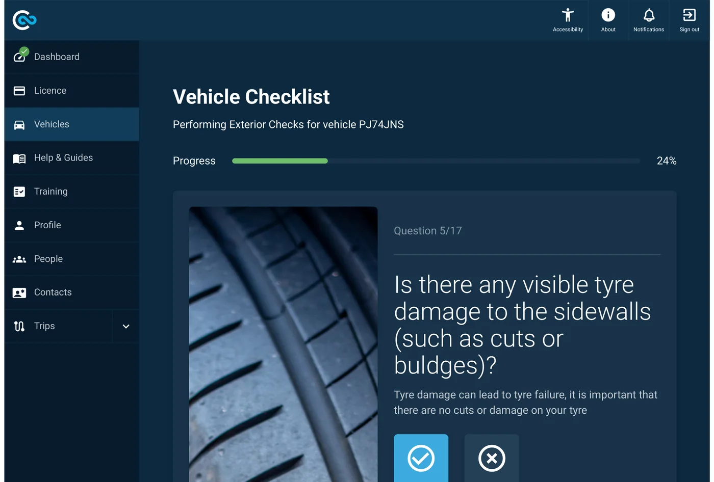 A vehicle check question about tyre sidewall damage, with a reference photo and yes or no buttons