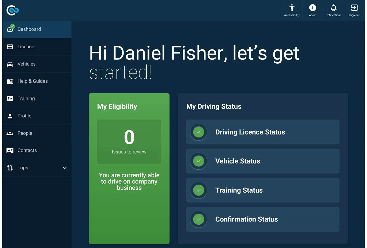 The web Driver Portal home page showing eligibility and driving status