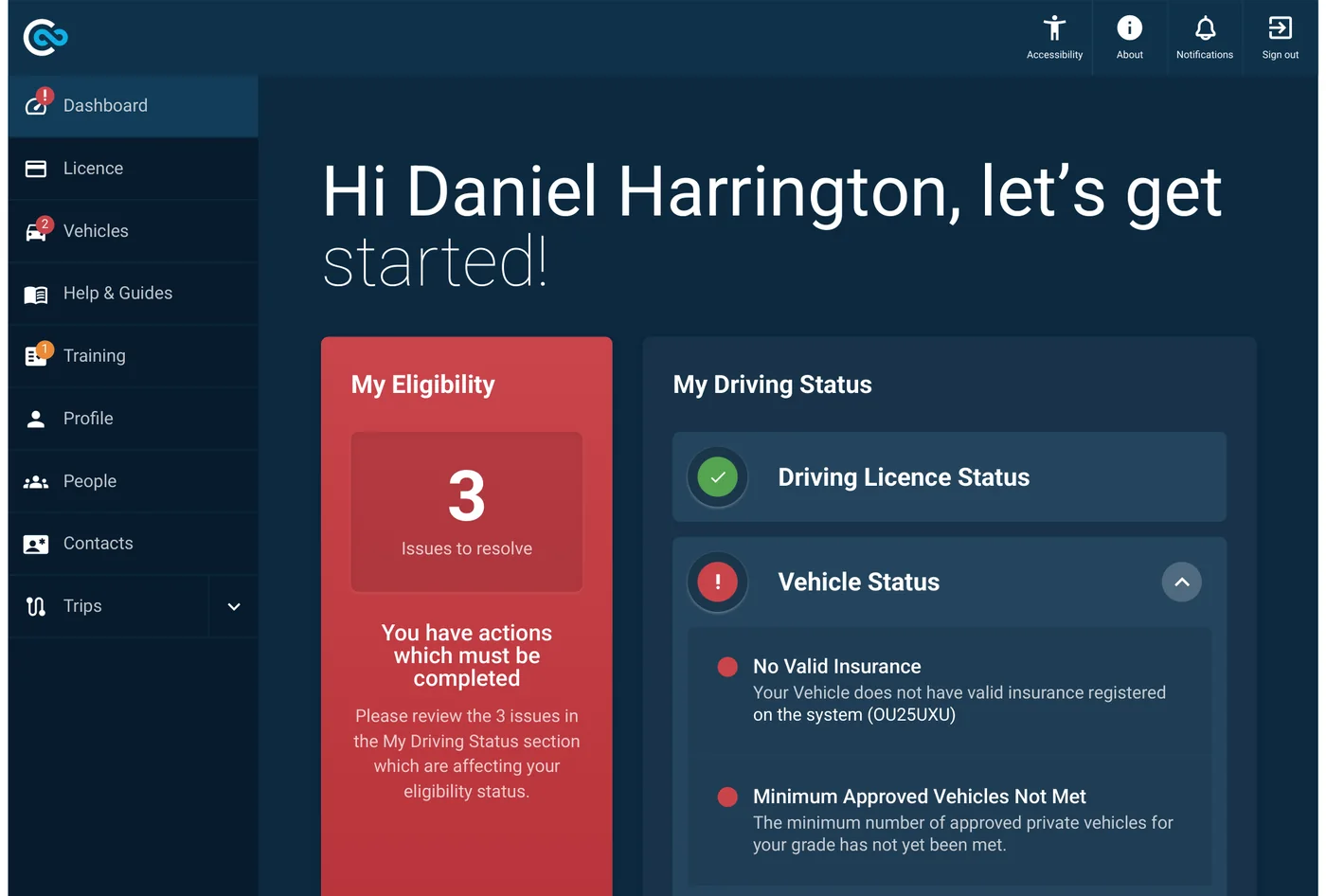The web Driver Portal showing three issues to resolve, including no valid insurance