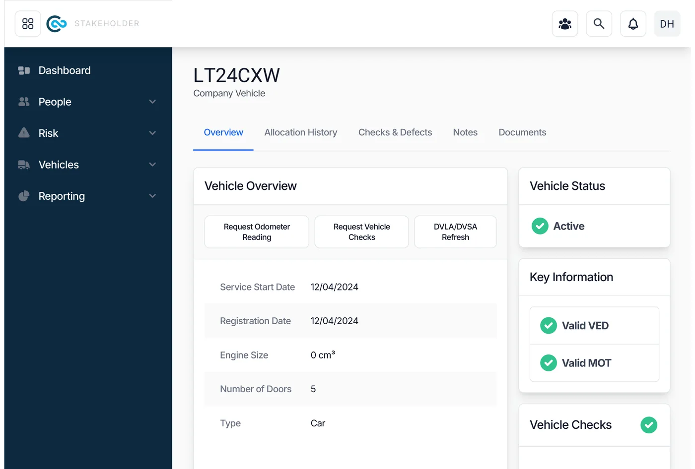 A vehicle overview in the stakeholder portal, with status, key information and a DVLA/DVSA refresh