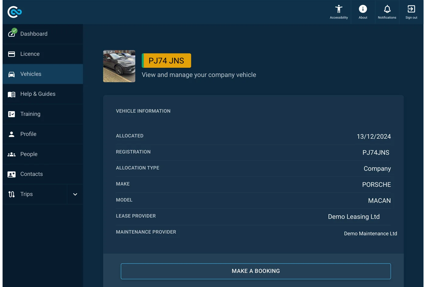A driver's company vehicle with allocation date, registration, lease provider and maintenance provider