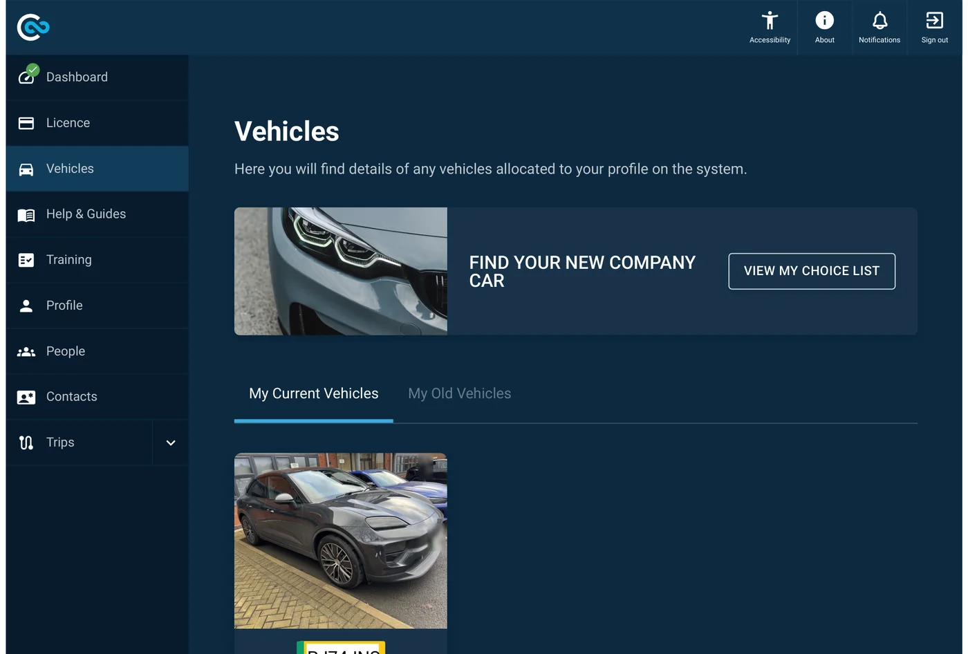 The driver portal Vehicles page with a Find your new company car banner and a View my choice list button
