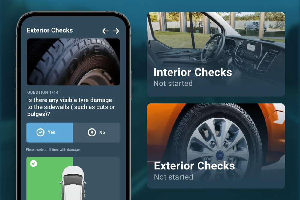 Interior and exterior vehicle check screens in the Driver App
